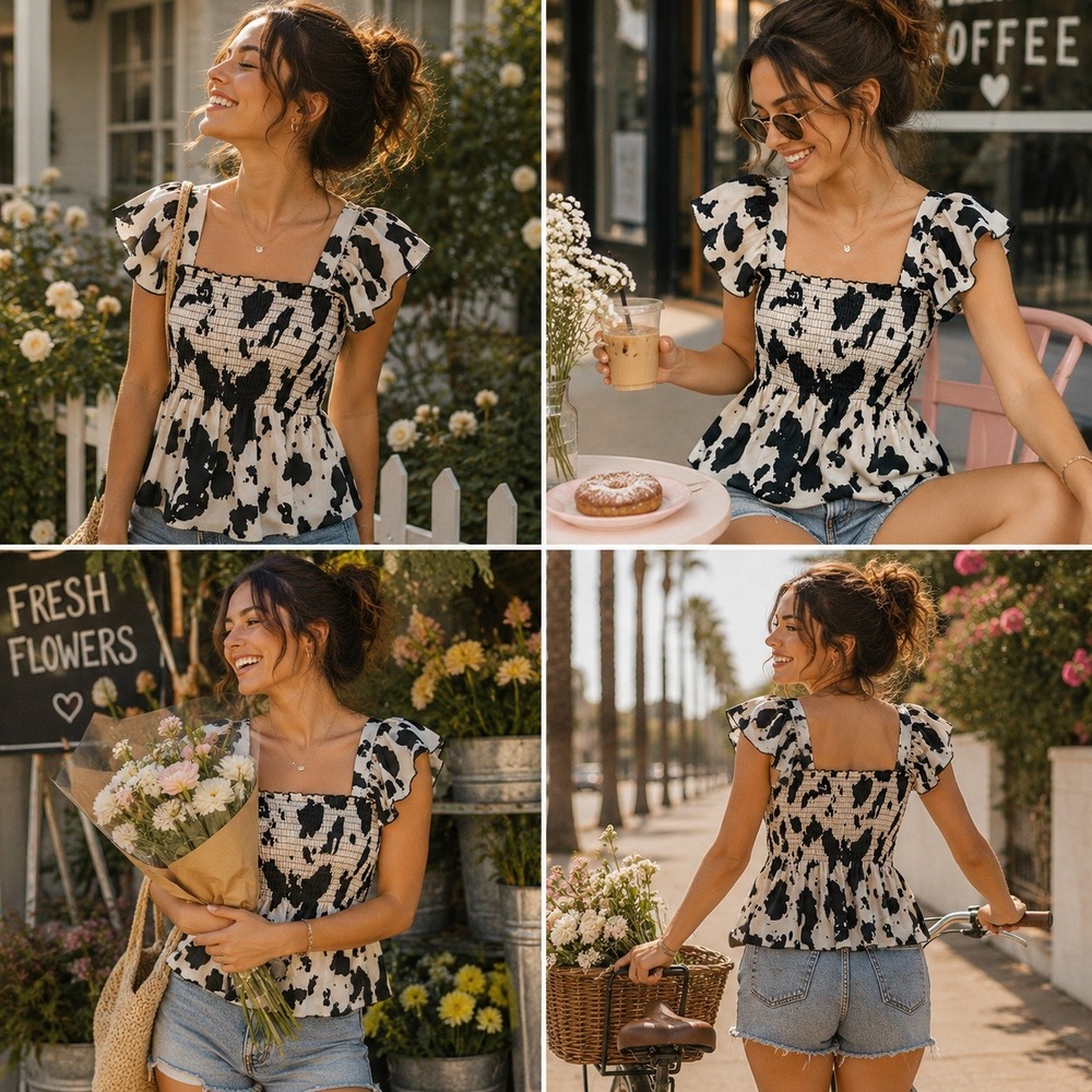 Fashion Express Cow Print Peplum Top Womens Medium Black White Smocked Flutter